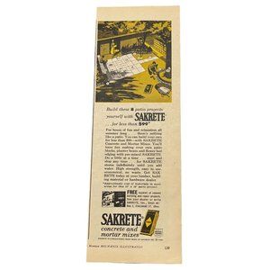 Sakrete Concrete and Mortar Mix Print Ad Vintage 1963 Patio Project Construction